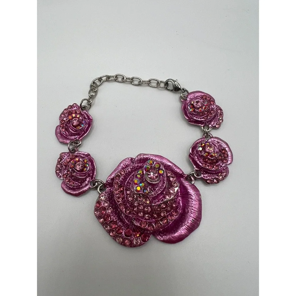 Pink Shimmery 3D Metal Flower Link Bracelet Y2K Coquette Boho Pink Metal
